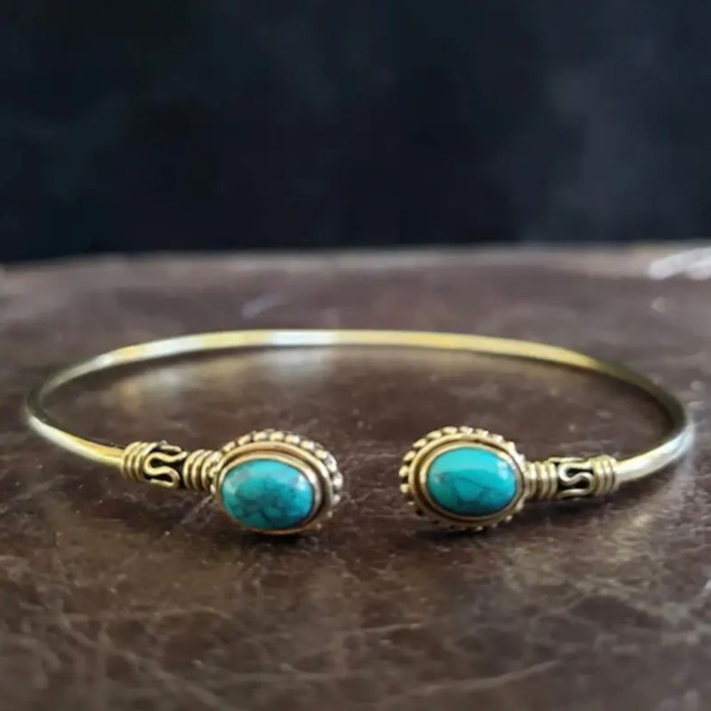 Bohemian Open Cuff  Turquoise Bangle Bracelet Silver and Gold Pated